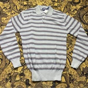 Vtg Mervyns Men’s Collection Long Sleeve Polo‎ Sweater Mens Size L Gray Striped